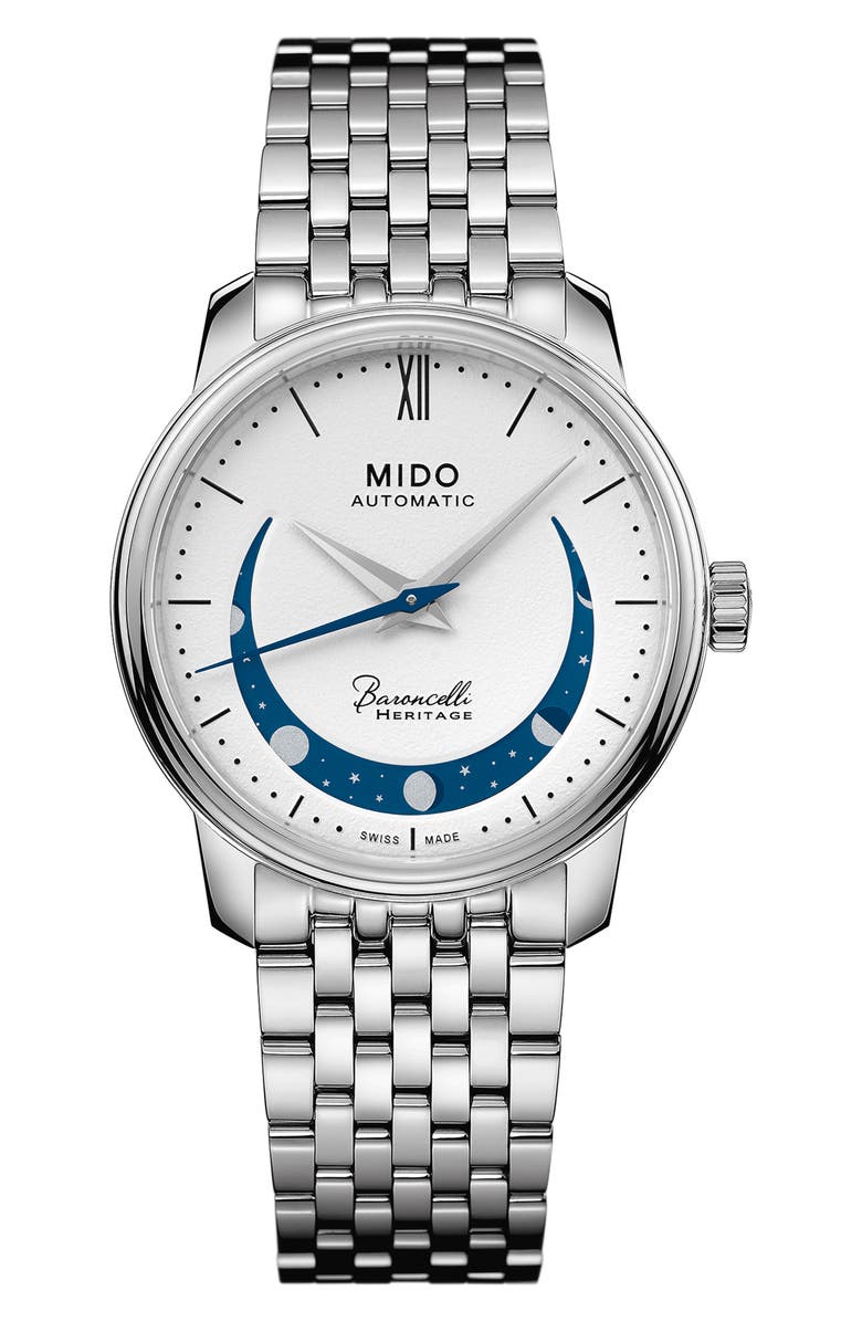 MIDO Baroncelli Heritage Smiling Moon Bracelet Watch, 33mm, Main, color, Silver/ White