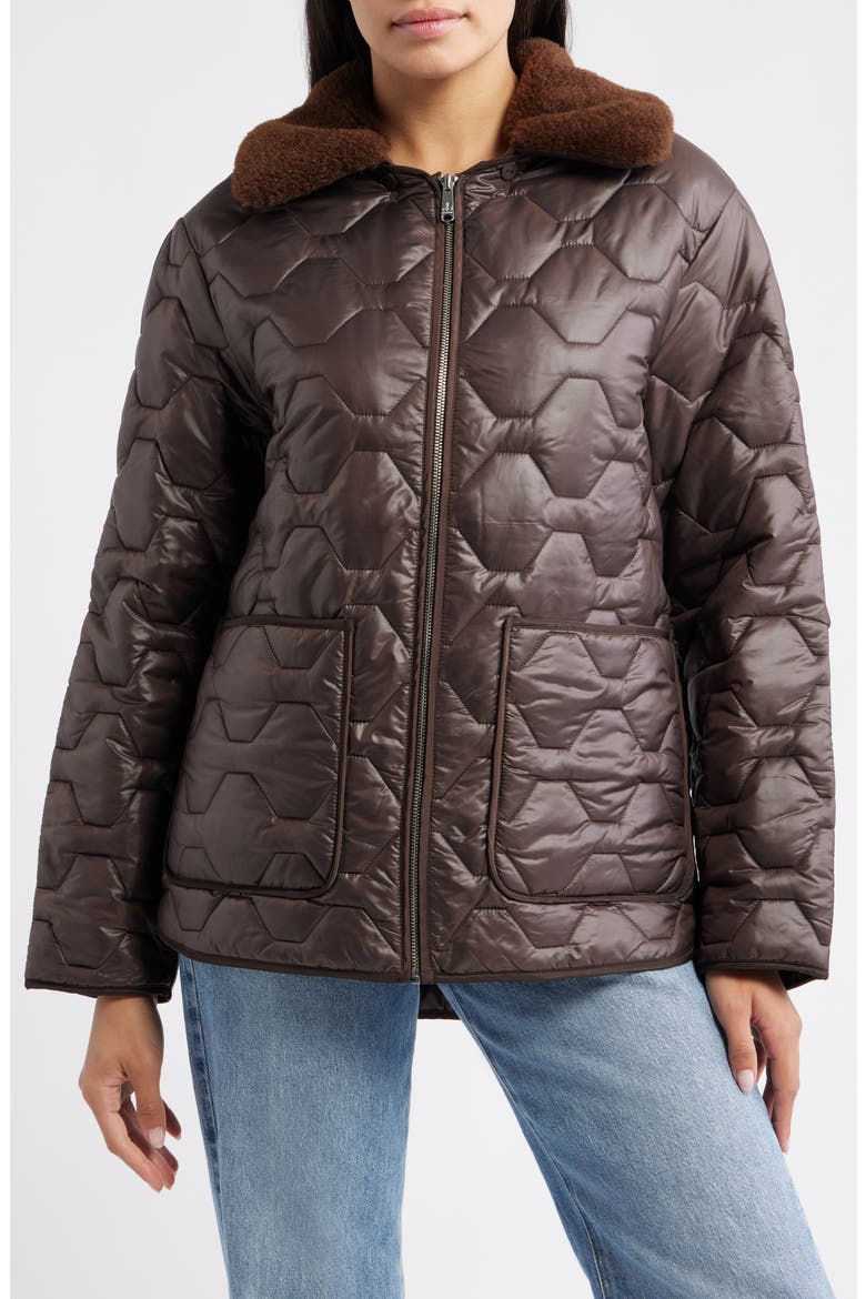 Wide Hexagon Quilted Coat with Removable Faux Fur Collar, Alternate, color, CHOCOLATE