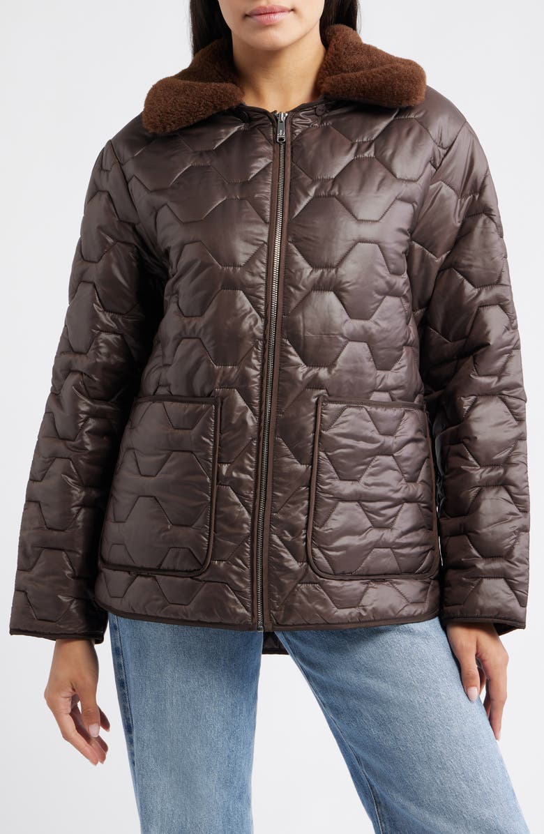 Sam Edelman Wide Hexagon Quilted Coat with Removable Faux Fur Collar, Alternate, color, Chocolate