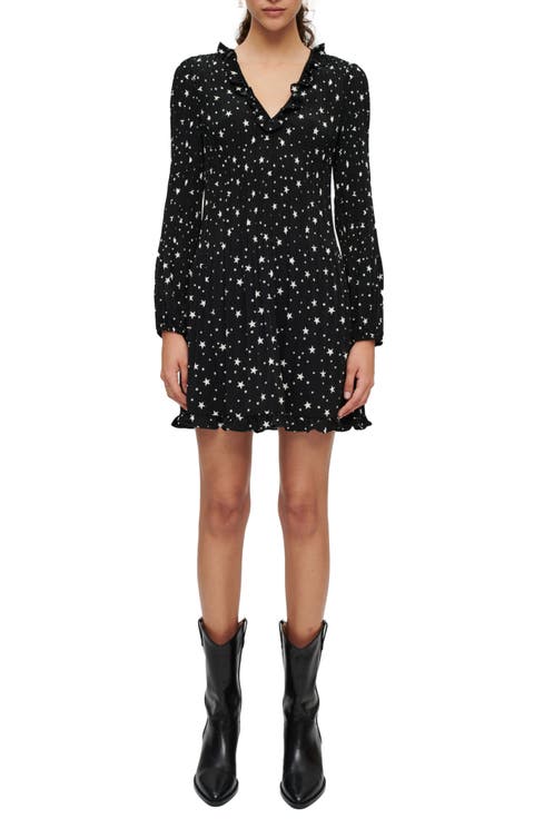 Star Print Long Sleeve V-Neck Minidress