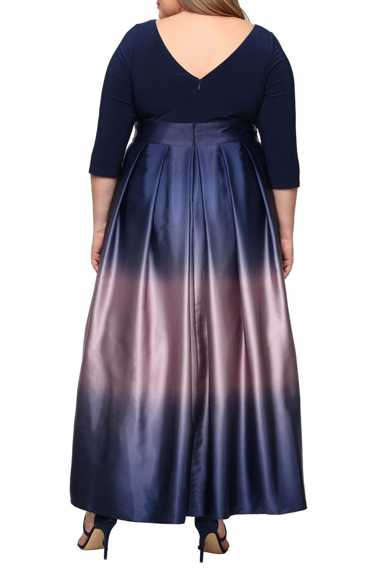 Three-Quarter Sleeve Jersey Bodice Ombré Satin A-Line Gown, Alternate, color, NAVY/MAUVE