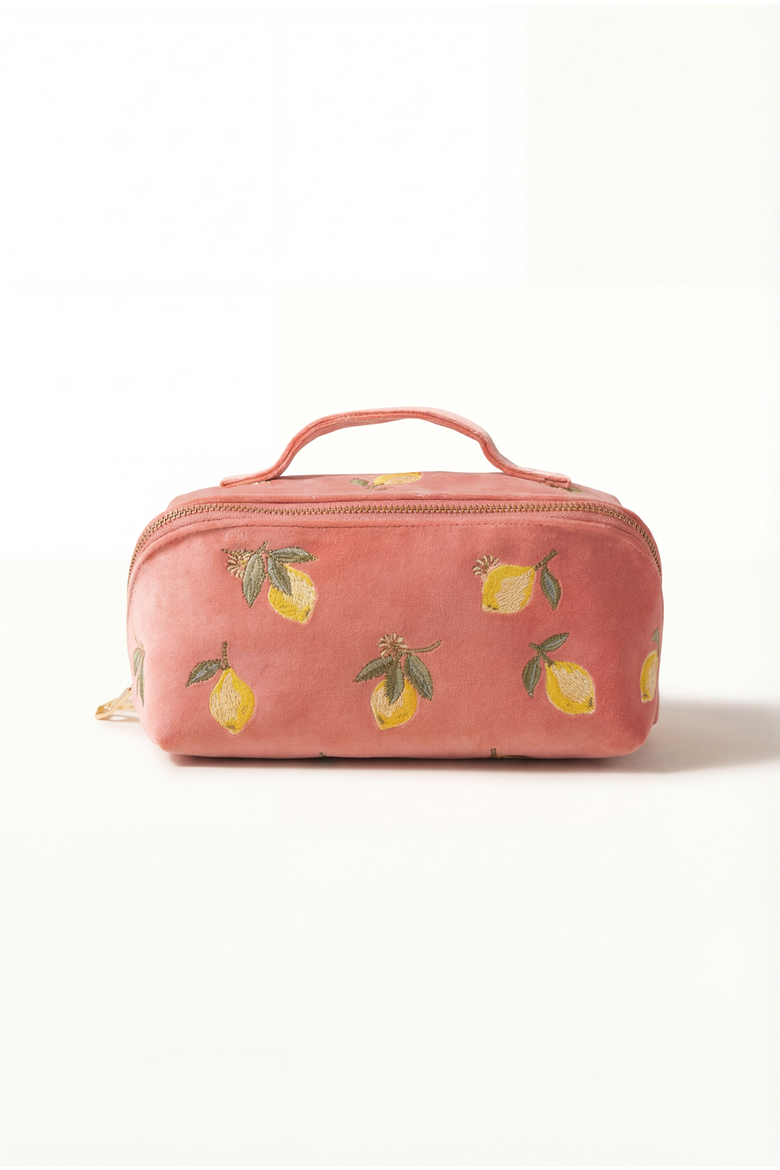 Lemon Blossom Open Flat Velvet Makeup Bag, Main, color, Coral