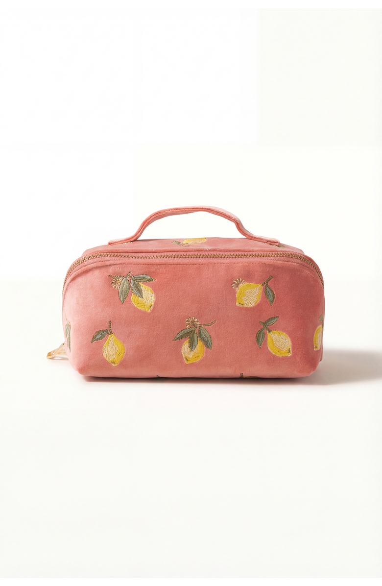 Elizabeth Scarlett Lemon Blossom Open Flat Velvet Makeup Bag, Main, color, Coral