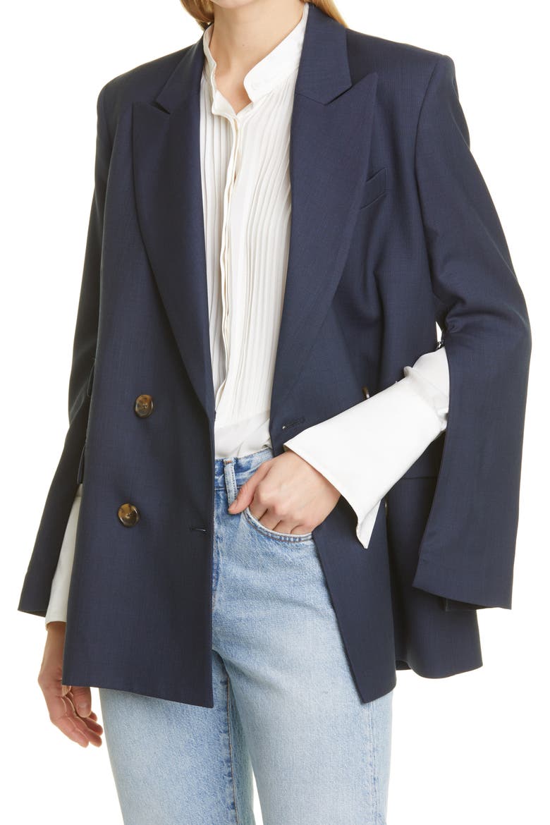 Oversized Double Breasted Stretch Wool Blazer, Alternate, color, MIDNIGHT/PALE BLUE