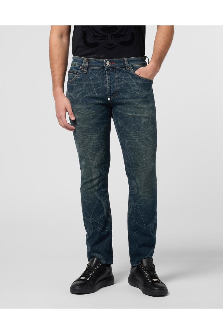 Printed Super Straight Cut Jeans Tattoo Men, Main, color, texasblue