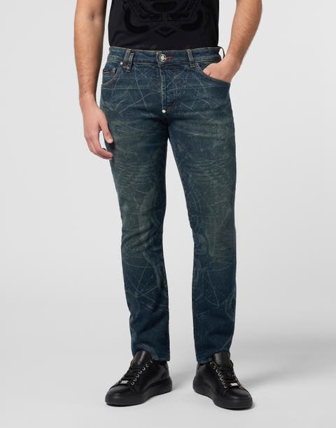 Printed Super Straight Cut Jeans Tattoo Men