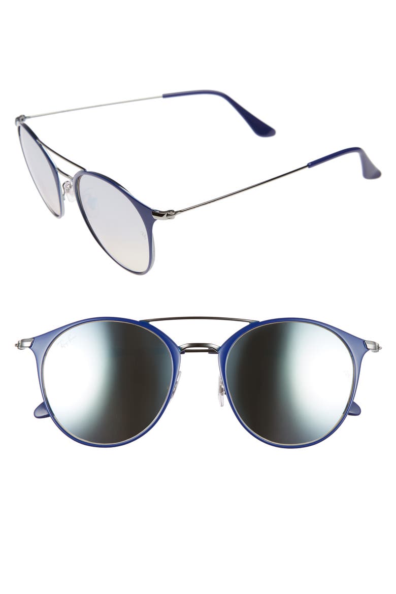 Highstreet 52mm Round Brow Bar Sunglasses, Alternate, color, GUNMETAL/ BLUE