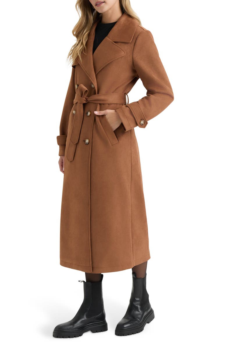 NVLT Faux Suede Belted Double Breasted Trench Coat, Alternate, color, Wood