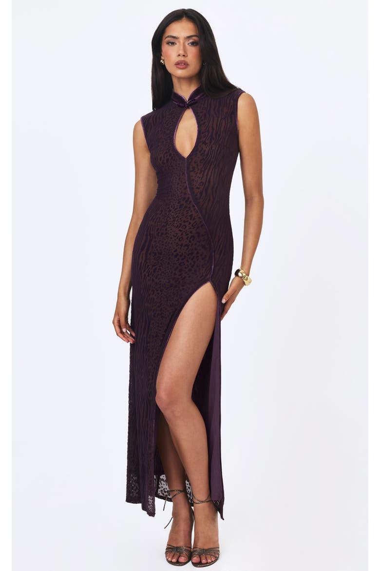 Riona Burnout Velvet Mesh Keyhole Maxi Dress, Main, color, Violet