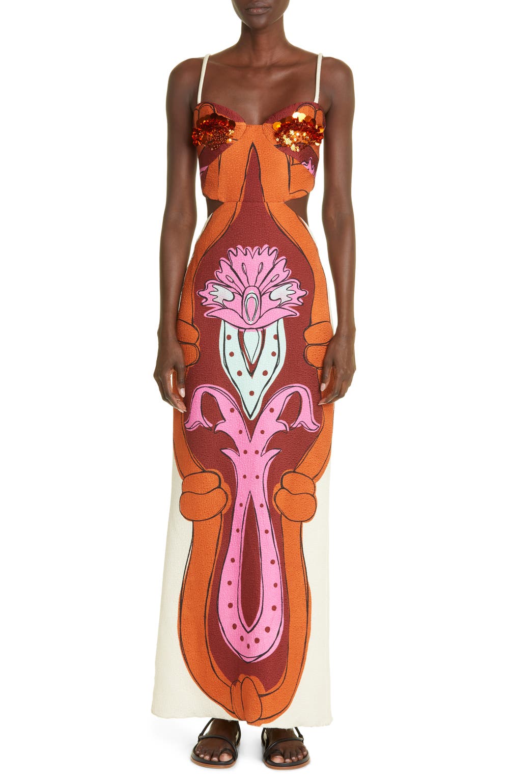 Flores De Alma Silk Maxi Dress with Wool & Silk Blend Shawl, color, PALMS ECRU/ MAHOGANY