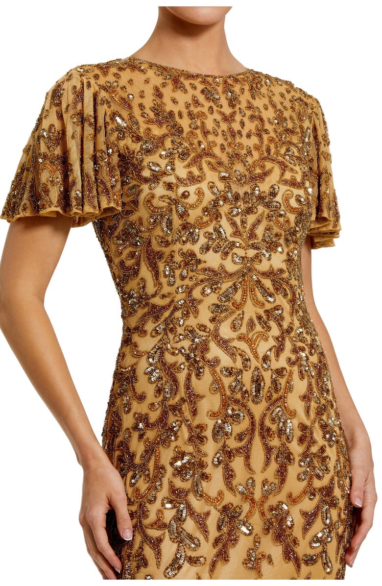 Mac Duggal Women's Embellished High Neck Flutter Sleeve Gown, Alternate, color, Nude Gold