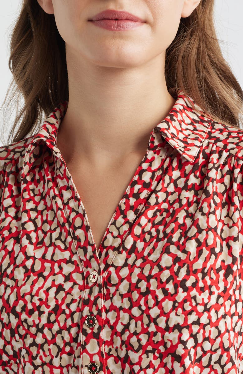 AK ANNE KLEIN Abstract Print Button-Up Shirt, Alternate, color, Begonia Red Mlt