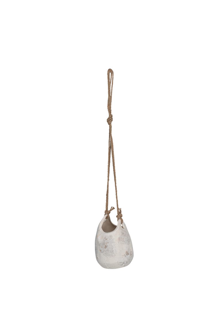 Hanging Stoneware Planter with Jute Rope Hanger and Distressed Volcano Finish, Main, color, White