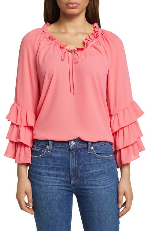 Raglan Ruched Split Neck Ruffle Sleeve Blouse