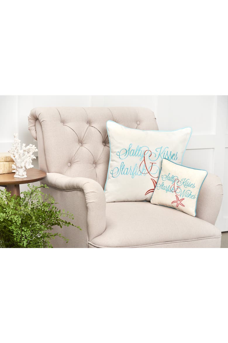 Salty Kisses & Starfish Wishes Embroidered Coastal Decorative Throw Pillow, Alternate, color, Off-White