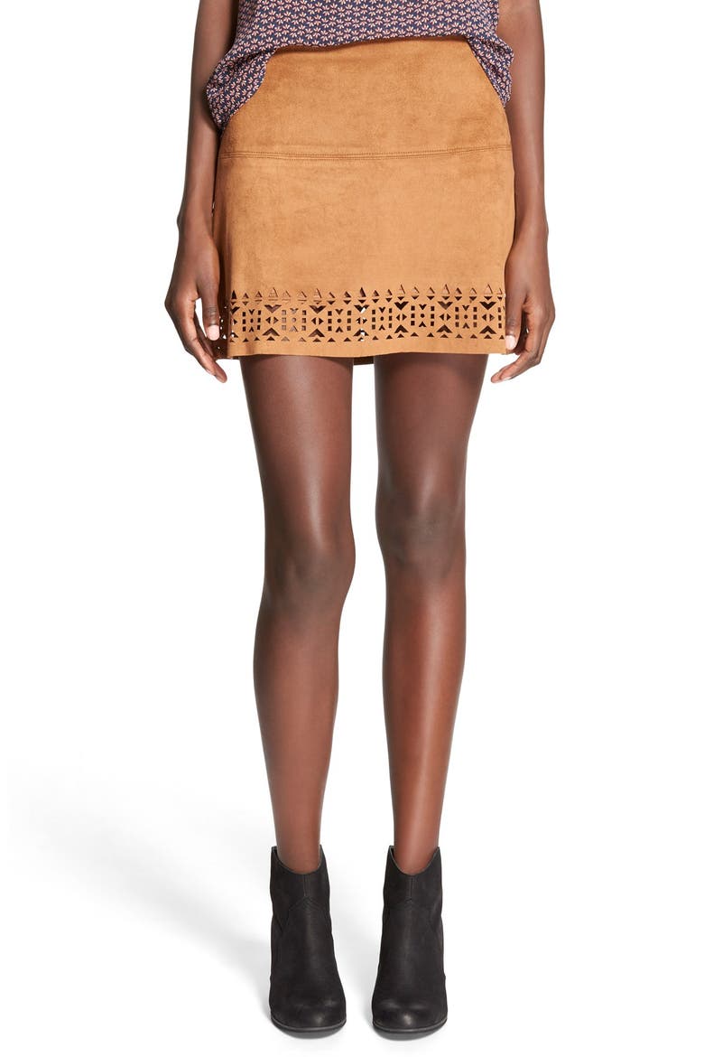 Laser Cut Faux Suede Skirt, Main, color, TAN