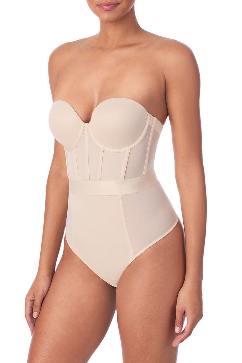 Sheers Strapless Underwire Bodysuit, Alternate, color, CASHMEREND