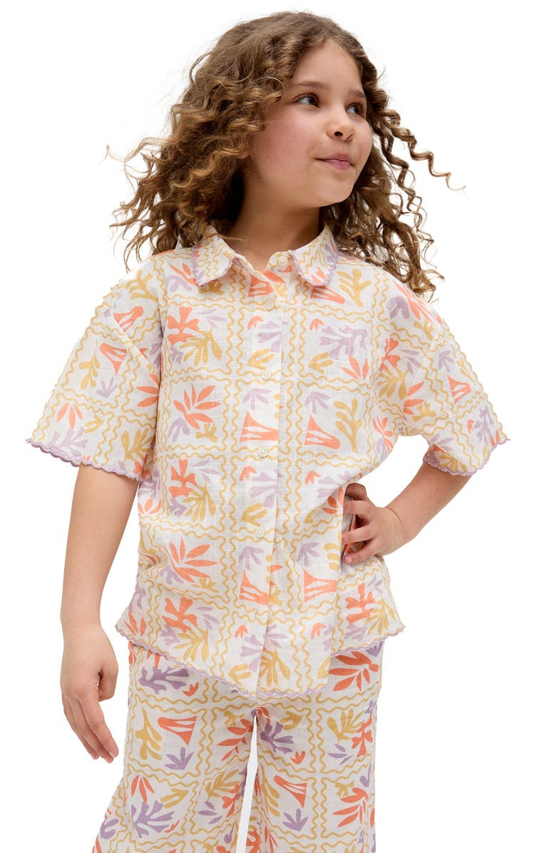 Raffya Kids Gilly Scalloped Edge Matisse Print Shirt, Alternate, color, Ivory