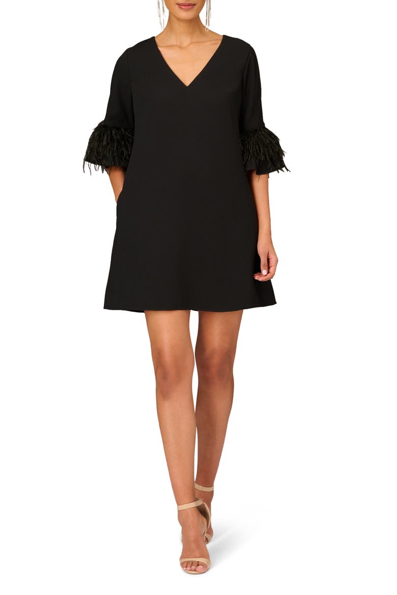 Feather Bell Sleeve Shift Cocktail Dress, Main, color, BLACK
