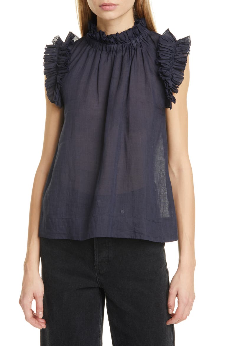 Lucy Ruffle Cotton Top, Main, color, NAVY