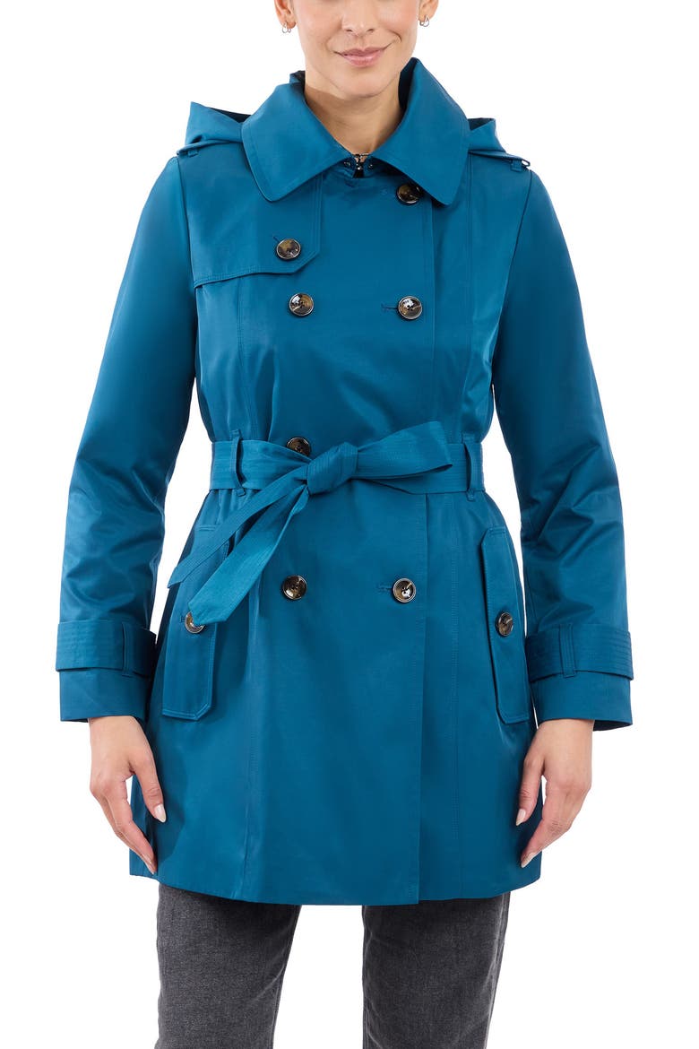 Hooded Double Breasted Cotton Blend Trench Coat, Alternate, color, PEACOCK