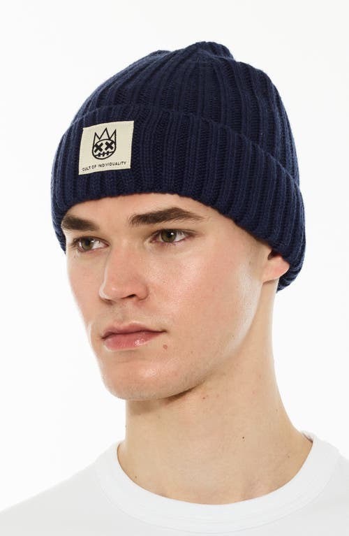 Cult Of Individuality Logo Label Wool Blend Knit Beanie In Blue