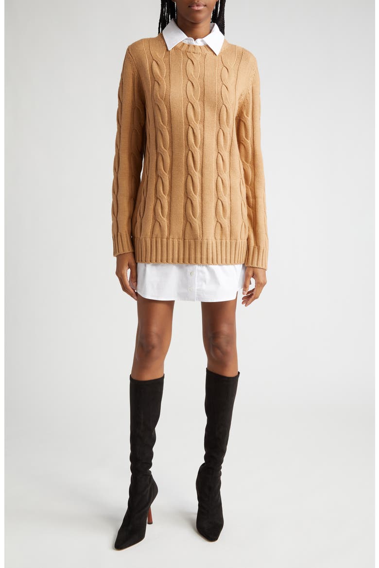 Aldrin Mixed Media Long Sleeve Sweater Dress, Main, color, CAMEL/ WHITE