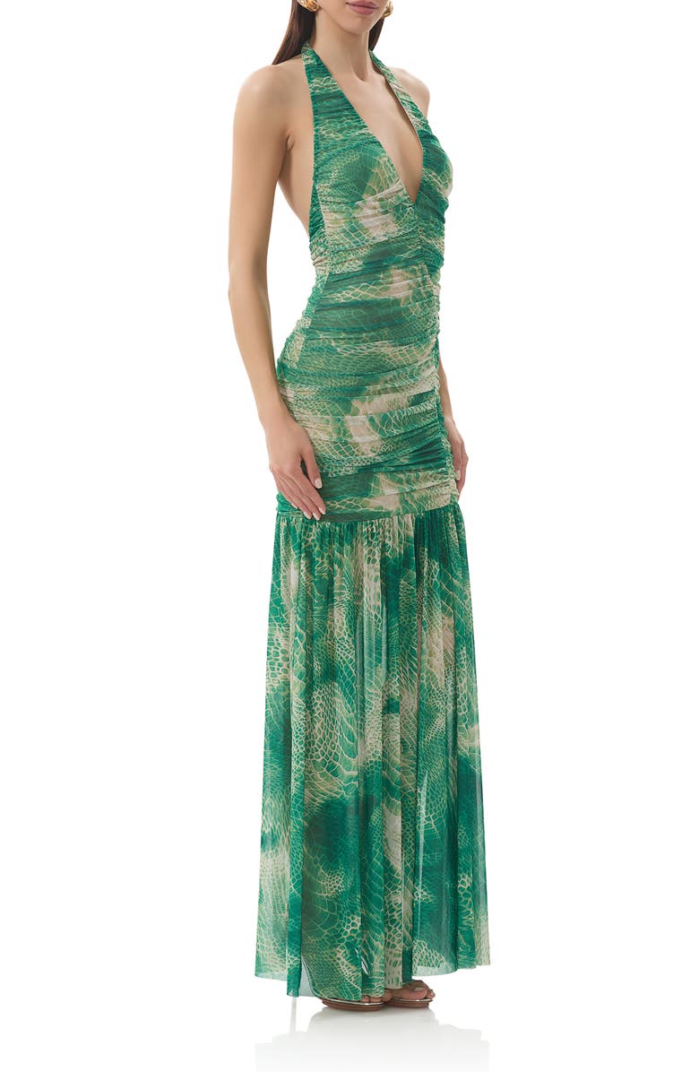 AFRM Lapointe Snakeskin Print Halter Dress, Alternate, color, Green Snake
