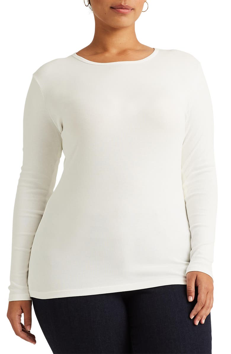 Lauren Ralph Lauren Long Sleeve Stretch Cotton Tee, Main, color, White
