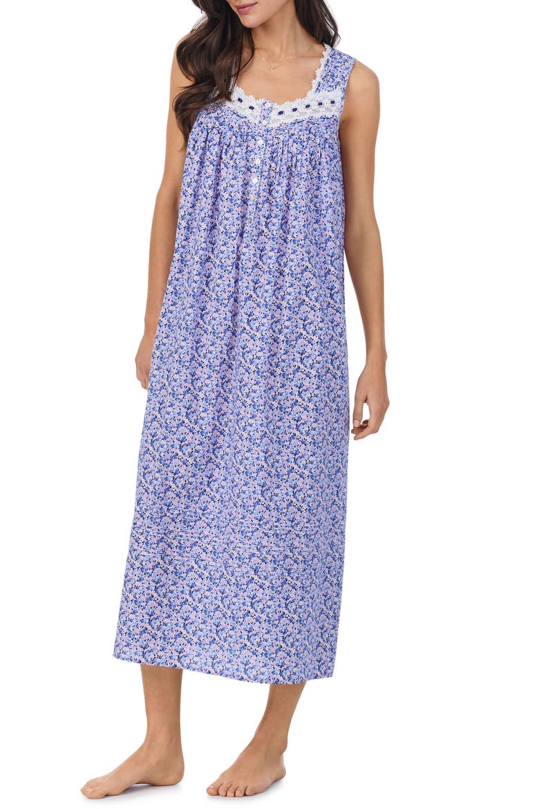 Lace Trim Sleeveless Cotton Ballet Nightgown, Alternate, color, WHITE BLUE DUST