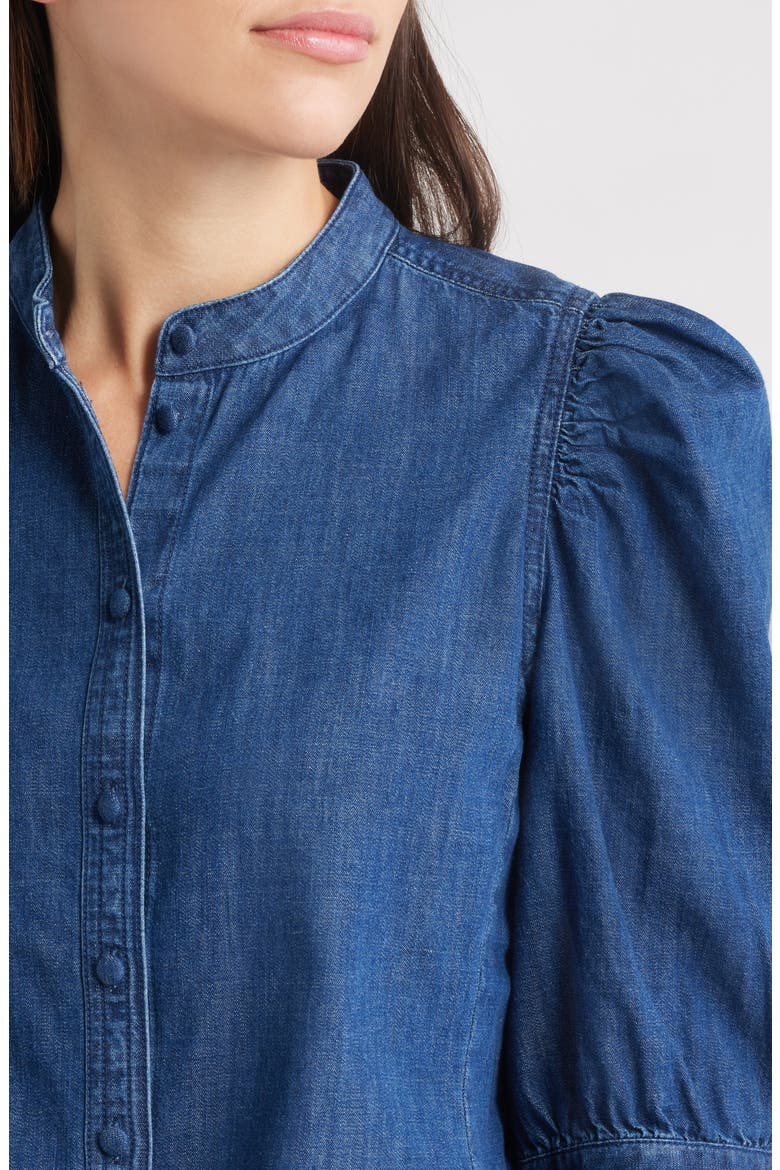 Denim Puff Sleeve Band Collar Shirt, Alternate, color, PLUMVILLE WASH
