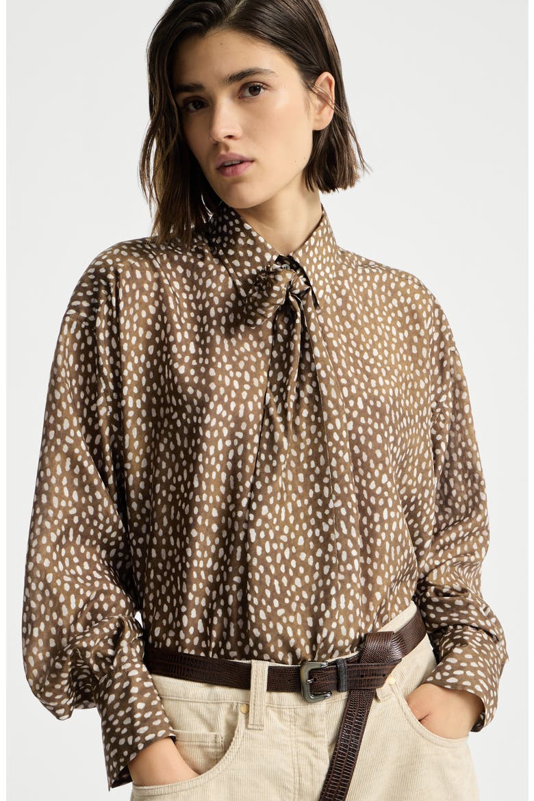 Silk dapple pongee pussybow blouse with monili, Alternate, color, Dattero