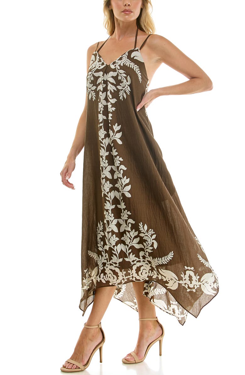 Socialite Placed Print Handkerchief Hem Dress, Alternate, color, Brown/ Ivory