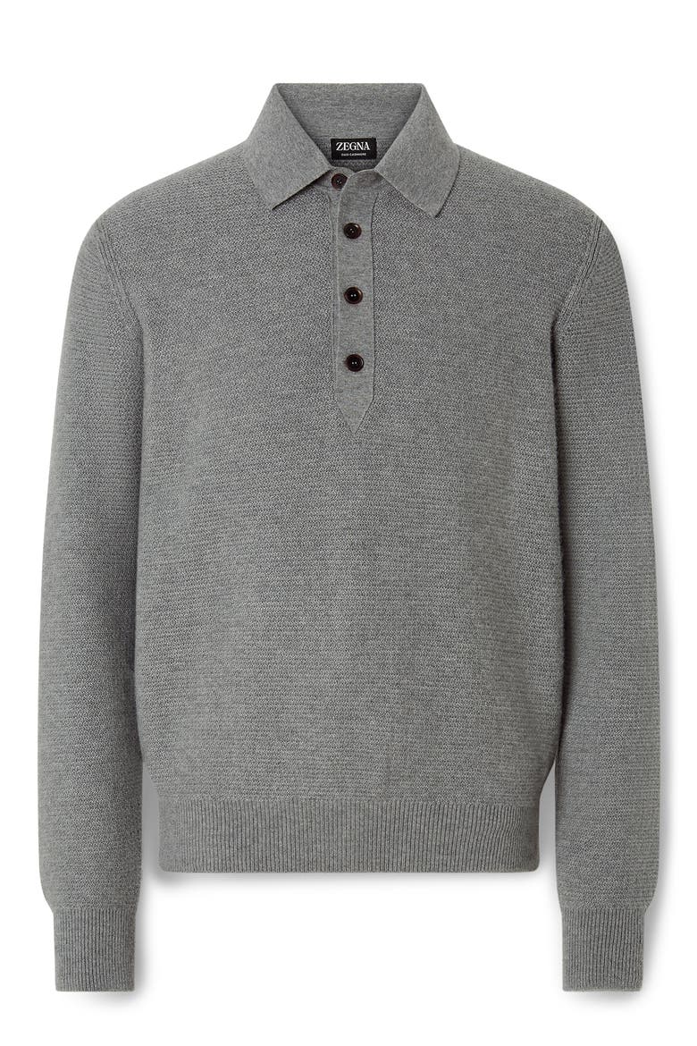 Long Sleeve Oasi Cashmere Polo Sweater, Alternate, color, GREY MELANGE