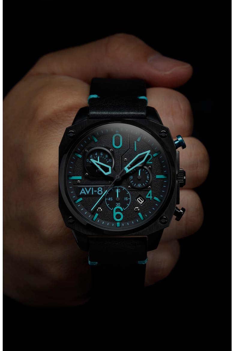 Hawker Hunter Retrograde Chronograph Leather Strap Watch, 45mm, Alternate, color, BLACK