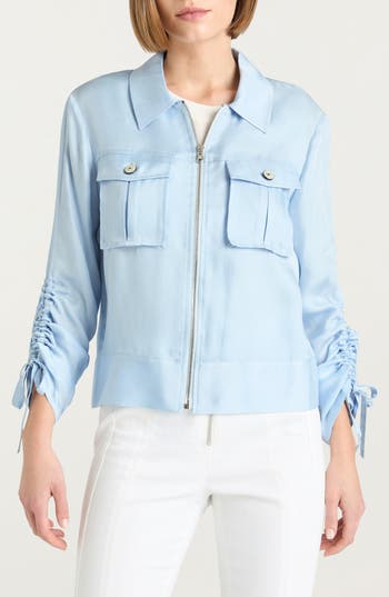Cinq À Sept Dale Ruched Sleeve Cupro Satin Jacket In Blue