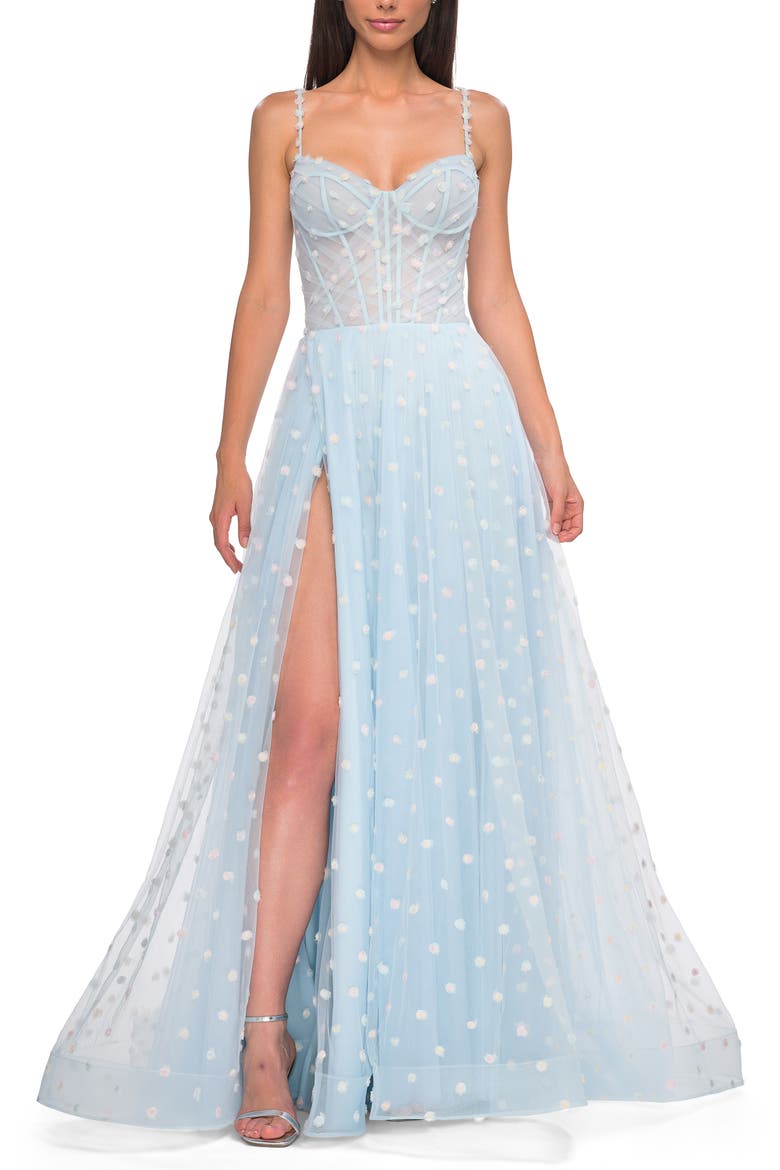 Polka Dot Tulle Prom Dress with Sheer Corset Top, Alternate, color, Light Blue