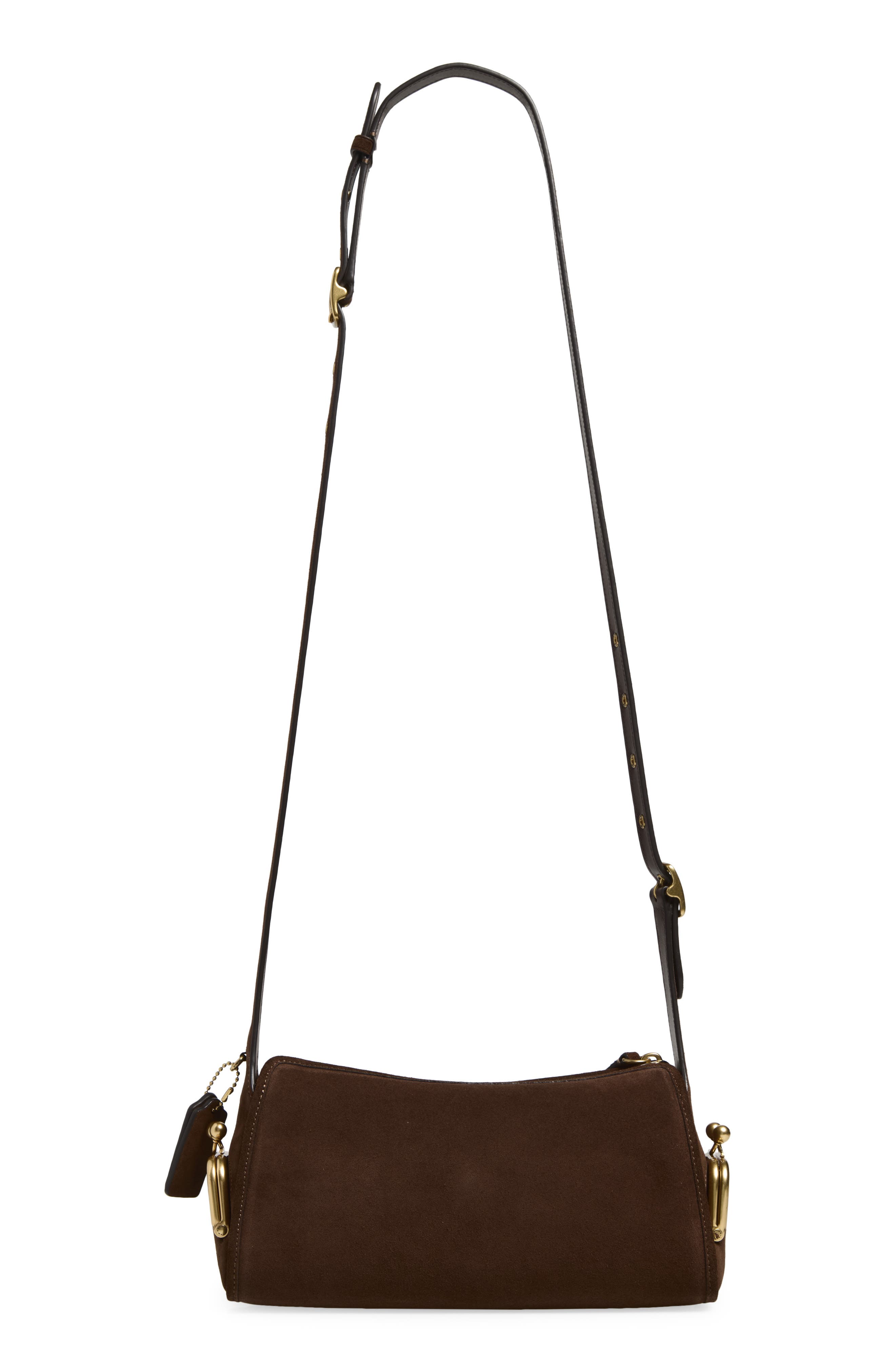 Turnlock Haversack Suede Shoulder Bag, Alternate, color, B4/ DARK CHOCOLATE