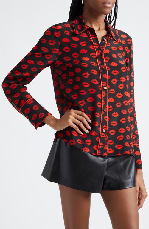 Alice And Olivia Willa Printed Silk Crepe De Chine Shirt In Kiss Kiss Black/bright Ruby