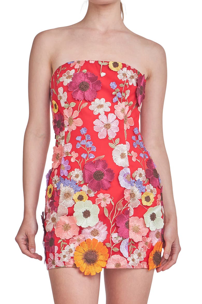 Floral Embroidery Strapless Sheath Dress, Alternate, color, RED