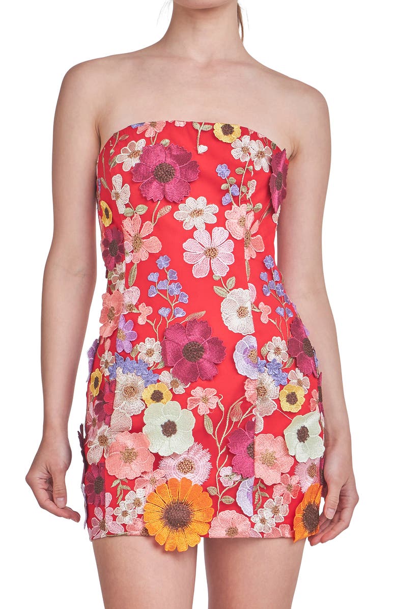 Endless Rose Floral Embroidery Strapless Sheath Dress, Alternate, color, Red