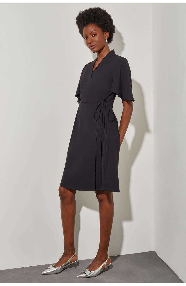 Ming Wang Butterfly Sleeve Crepe de Chine Wrap Dress, Alternate, color, Black