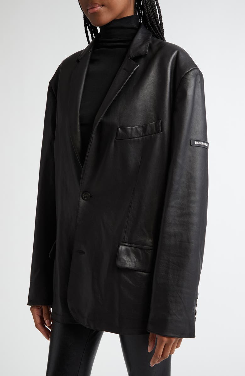 Balenciaga Logo Patch Oversize Lambskin Leather Blazer, Alternate, color, 