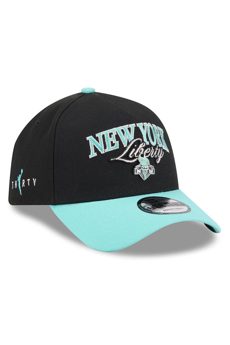 Unisex New Era Black/Mint New York Liberty WNBA Tip-Off 2026 Metal Badge A-Frame 9FORTY Adjustable Hat, Main, color, Black