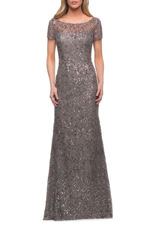 La Femme Beaded Long Dress With Illusion Top And Sleeves In Silver