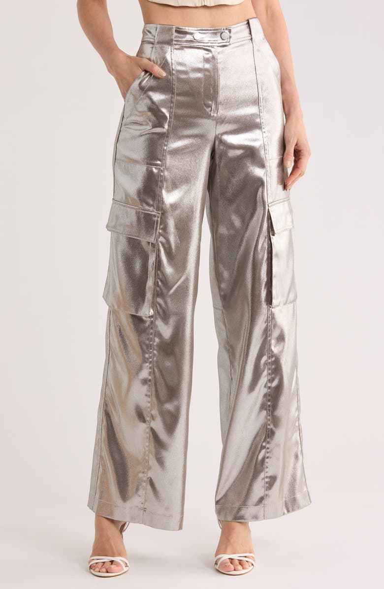 Simkhai Beatriz Metallic Wide Leg Cargo Pants, Main, color, Silver
