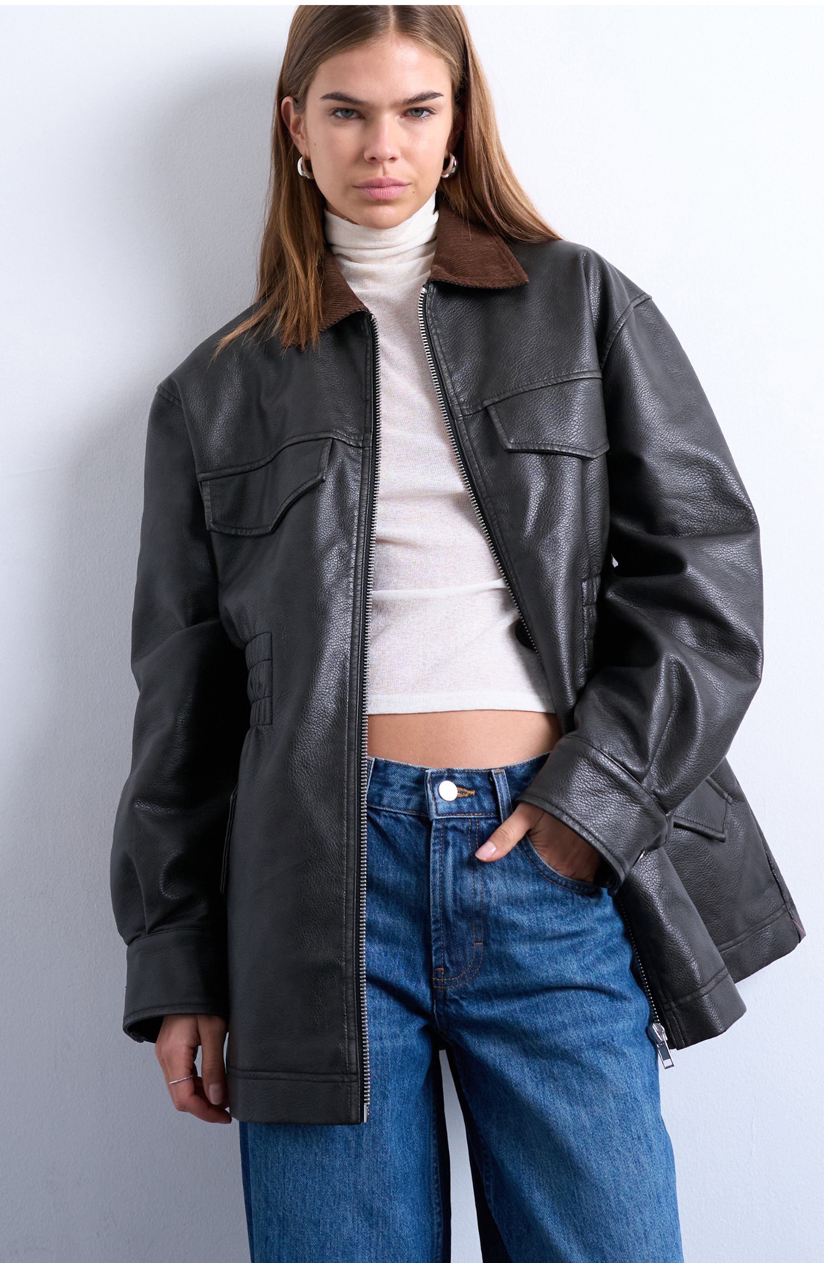 Topshop Cinch Waist Faux Leather Jacket