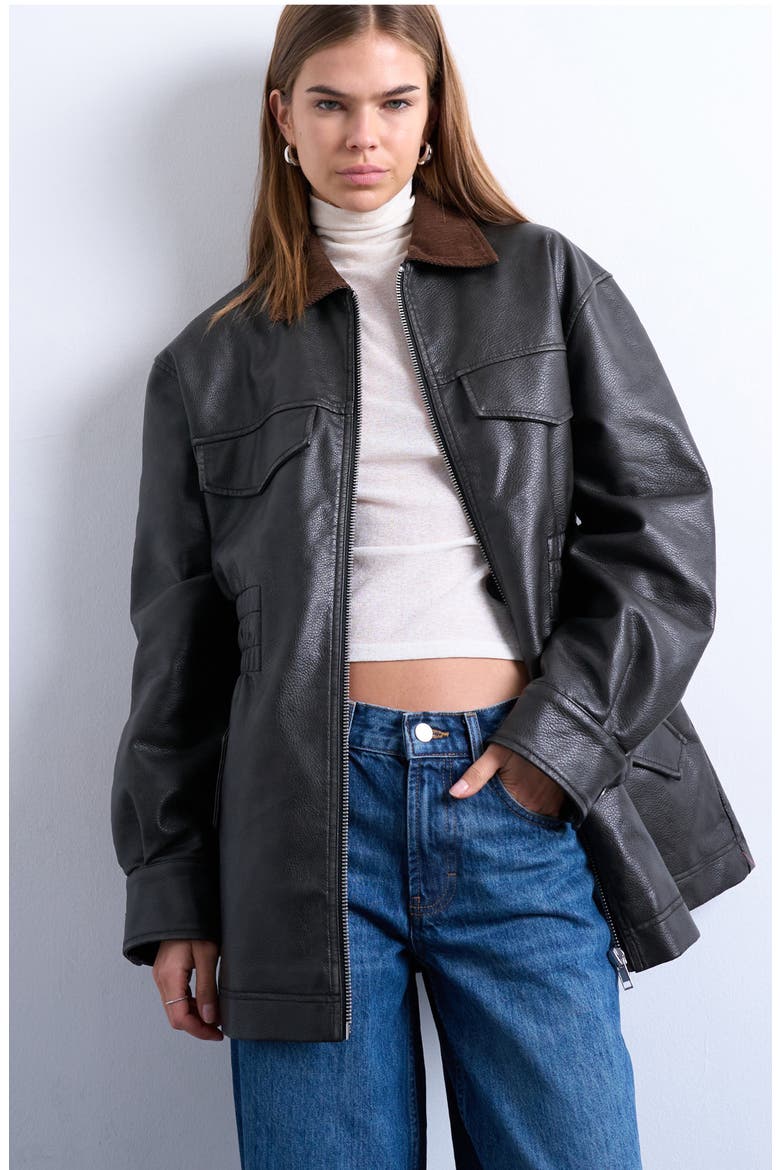 Cinch Waist Faux Leather Jacket, Main, color, BLACK
