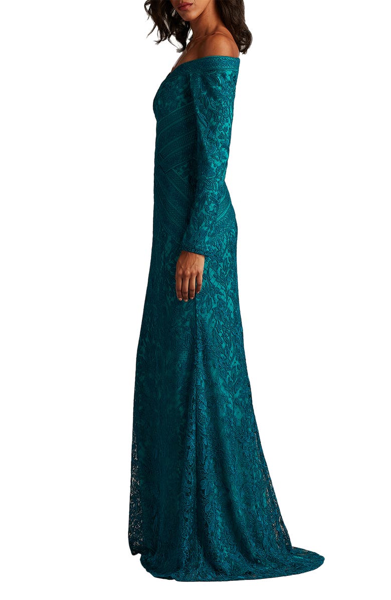 Tadashi Shoji Off the Shoulder Lace Trumpet Gown, Alternate, color, Cerulean