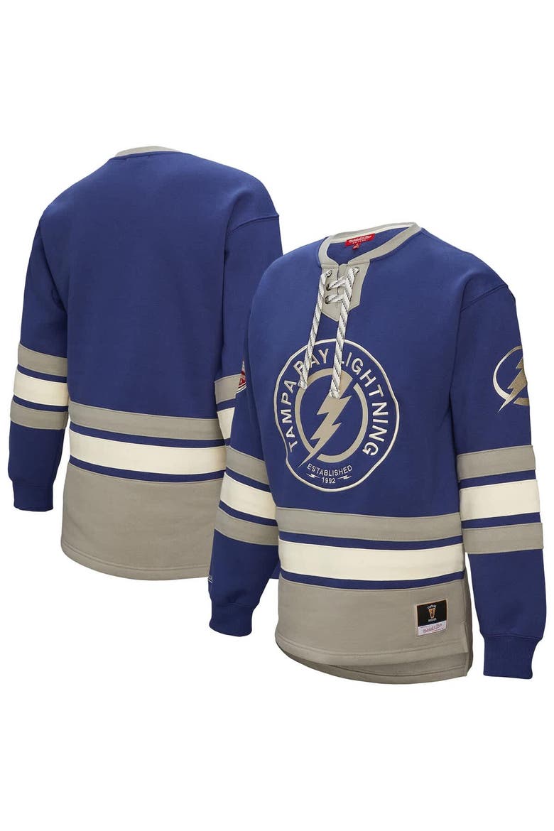 Women's Mitchell & Ness Blue Tampa Bay Lightning Heritage Lace-Up Pullover Sweatshirt, Main, color, Blue